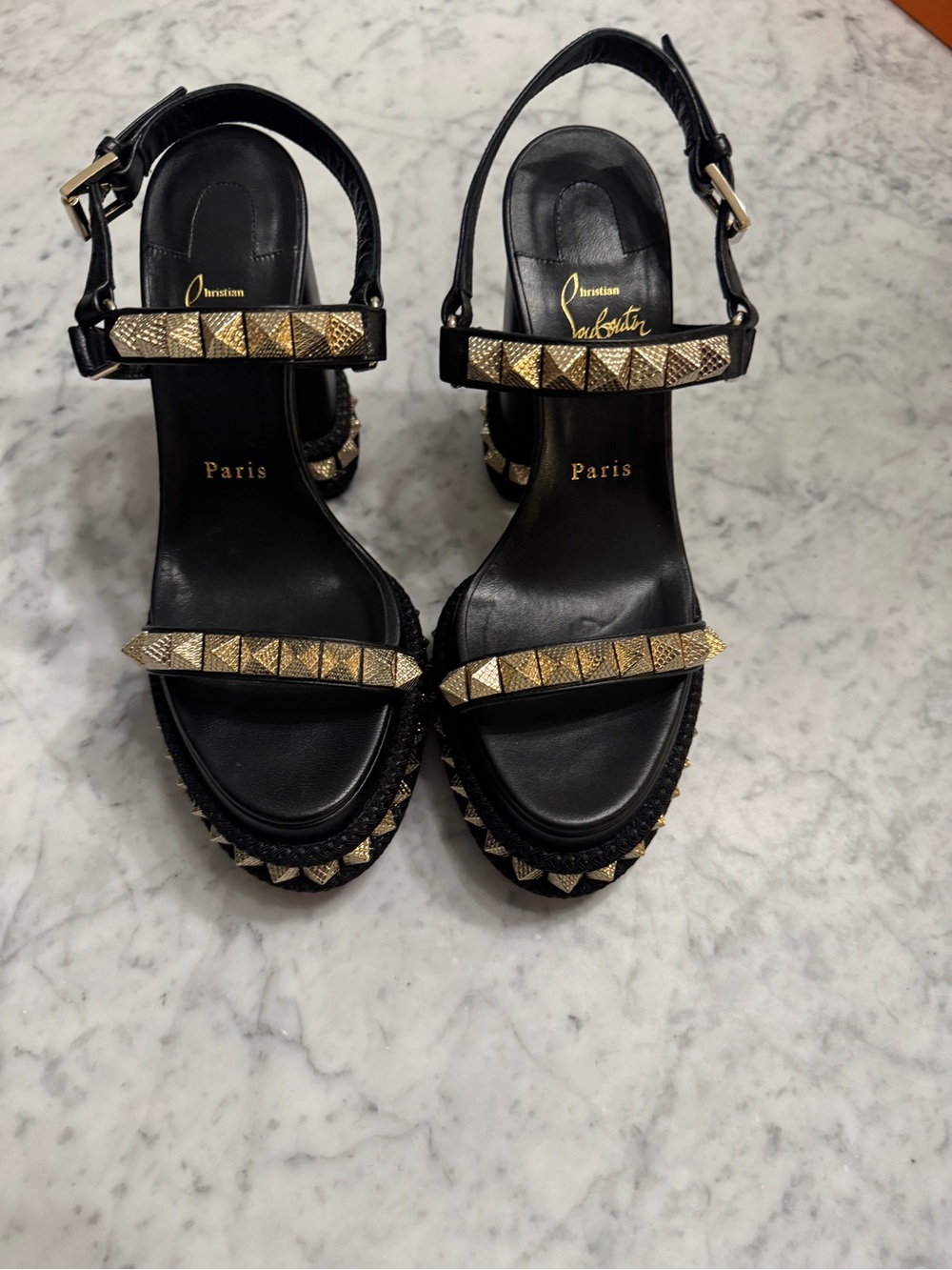 Christian Louboutin Black Sandals with Gold Pyramid Studs